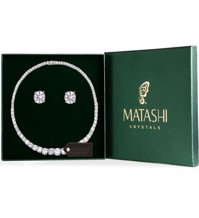 Matashi Rhodium Plated Earrings & Necklace Set Women's Fashion Jewelry