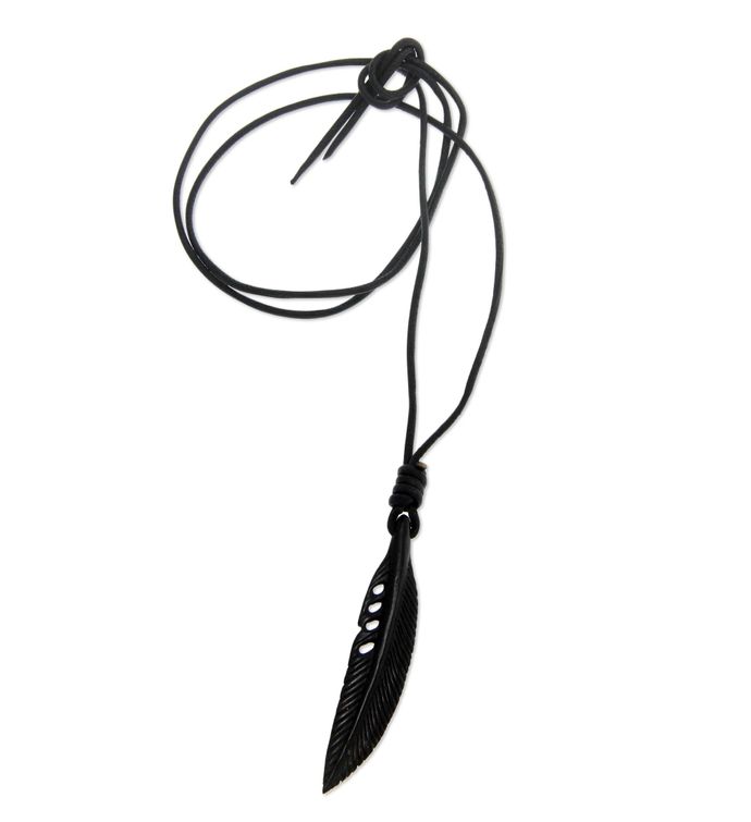 Novica Crow Feather Totem Men's Leather And Horn Pendant Necklace