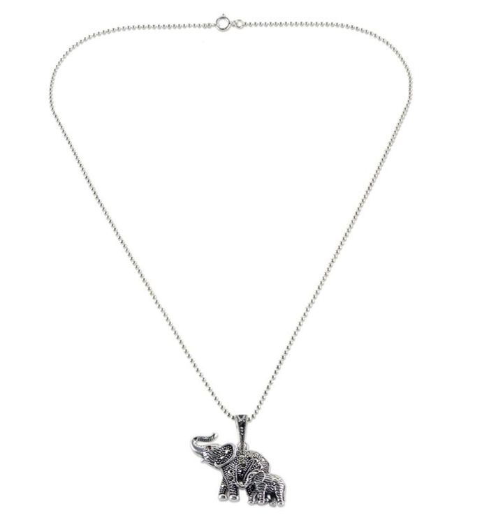 Novica Glittering Elephants Garnet And Marcasite Pendant Necklace