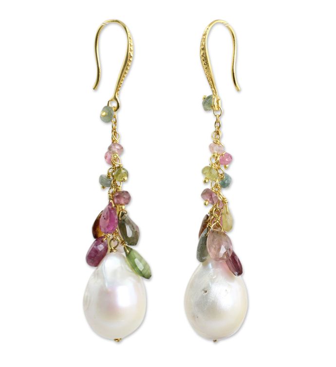 Novica Thai Gold Plated Cultured Pearl And Tourmaline Dangle Earrings