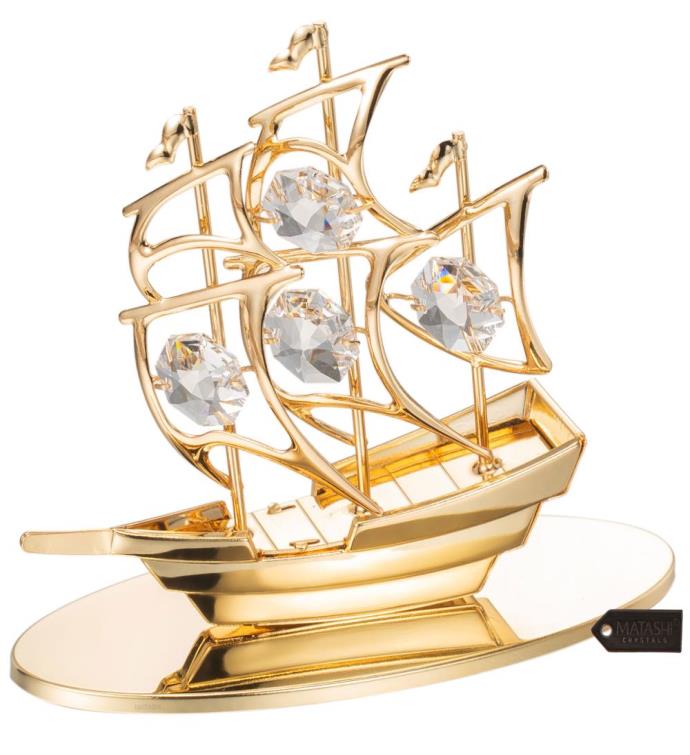 24k Gold Plated Crystal Studded Mayflower Sailing Ship Ornament By Matashi