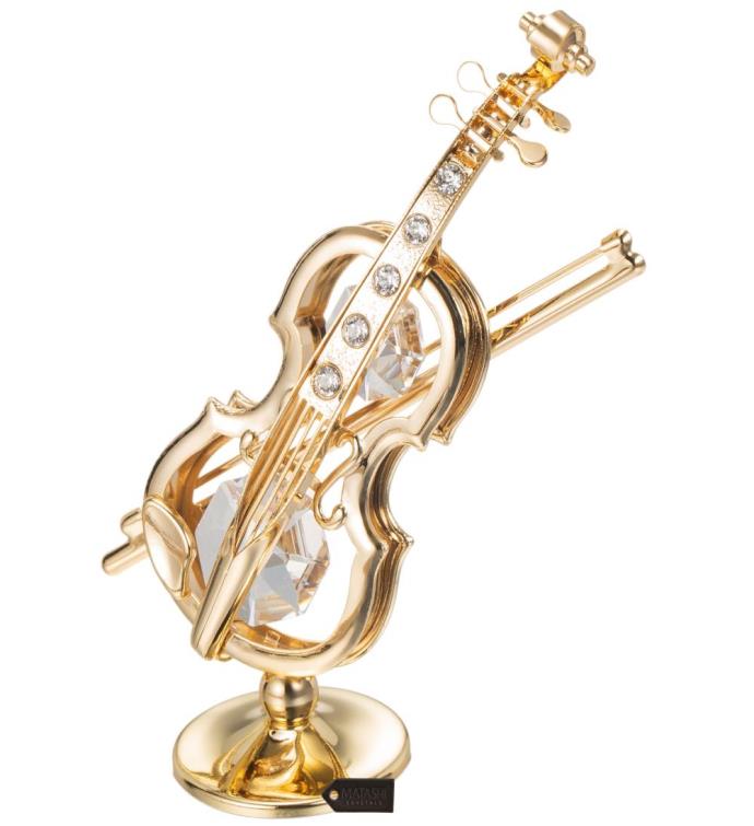 24k Gold Plated Crystal Studded Violin On A Stand Ornament By Matashi