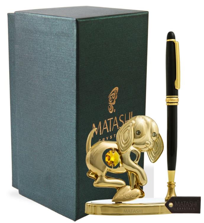 24k Gold Plated Puppy Pen Set (black Ballpoint) Table Top Ornament