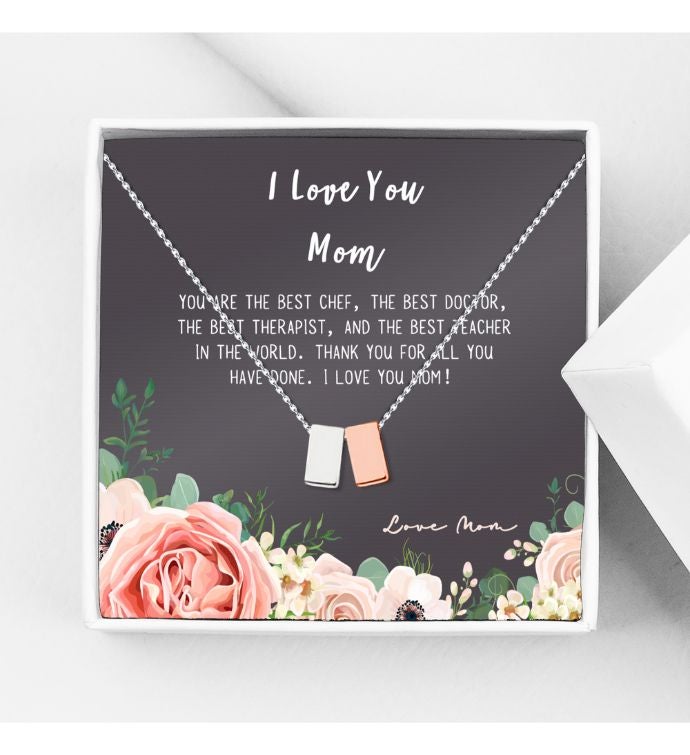 I Love You Mom Silver Rose Gold Cube Mother's Day Gift Necklace