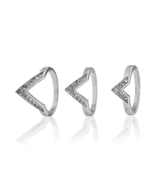 Set Of 3 18k White Gold Plated Ring W/ Elegant Triple V W/ Crystals