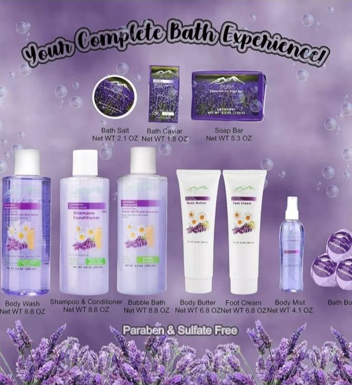 Deluxe Lavender & Chamomile 22 Piece Bath Gift Basket Necklace Spa Pillow