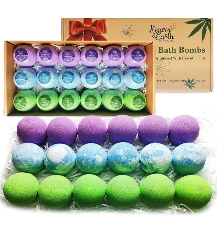 Essential Oil Natural 18 Bath Bombs Gift Set. Lavender, Eucalyptus, Mint