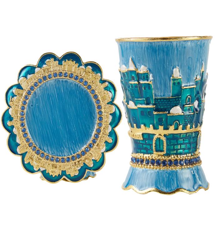 Matashi Hand-painted Enamel Kiddush Cup Set & Tray W Crystals Blessings Cup