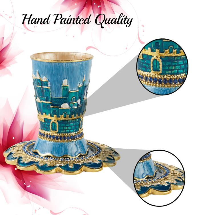 Matashi Hand-painted Enamel Kiddush Cup Set & Tray W Crystals Blessings Cup