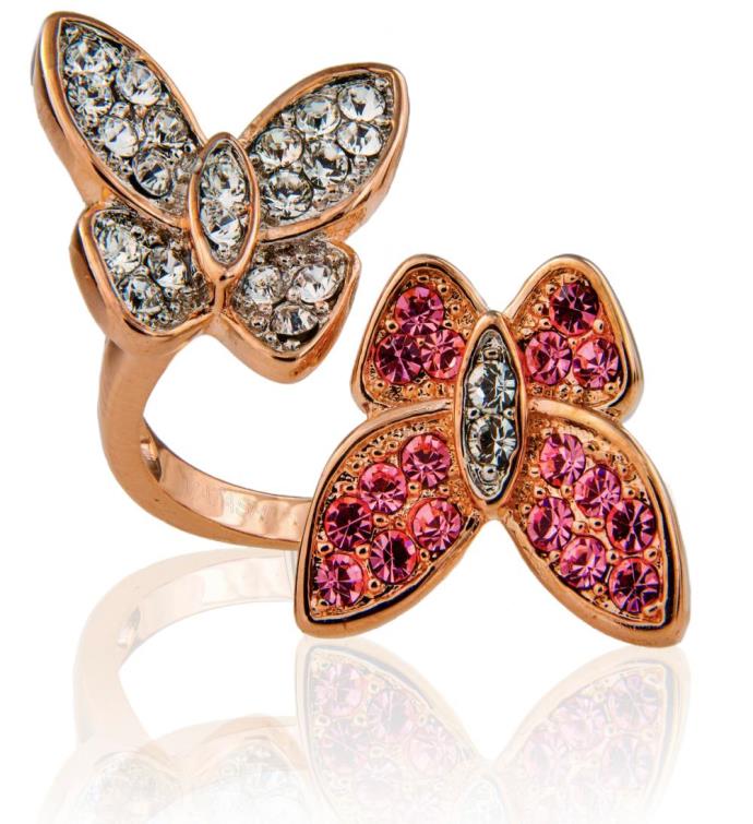 Rose Gold Plated Butterfly Ring W/ Clear, Pink Crystal Stones