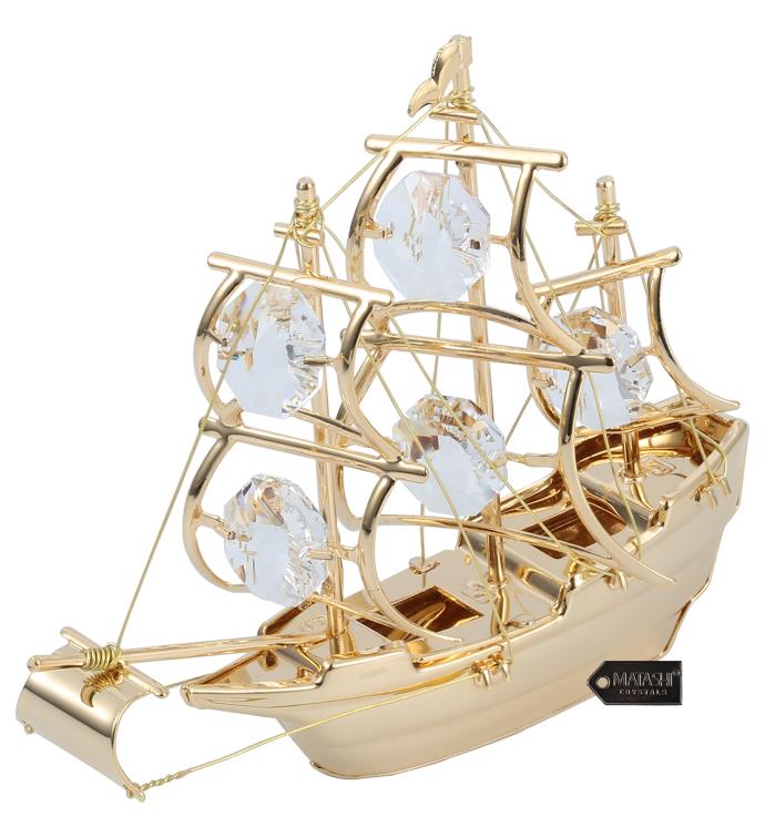 24k Gold Plated Crystal Studded Mayflower Sailing Ship Ornament By Matashi