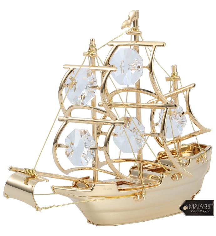 24k Gold Plated Crystal Studded Mayflower Sailing Ship Ornament By Matashi