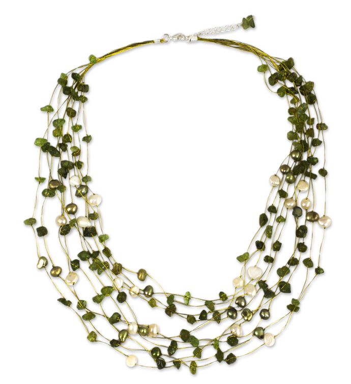 Novica Cool Shower Peridot And Pearl Strand Necklace