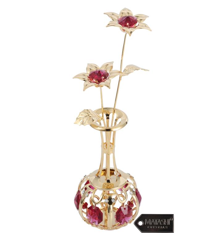 24k Gold Plated Sun Flowers In Vase Ornament With Red Crystals By Matashi