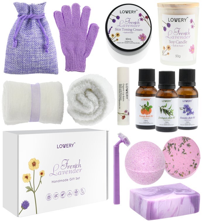 Handmade Bath Gift - 18pc French Lavender Spa Gift Basket For Women & Men