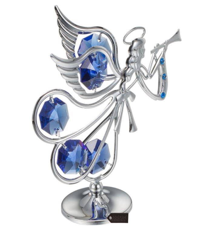 Matashi Chrome Plated Crystal Studded Silver Flying Angel Figurine Ornament