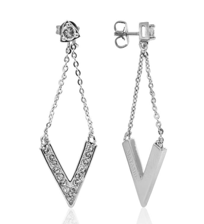 Matashi 18k White Gold Plated Delta V Design Earrings W/ Clear Crystals