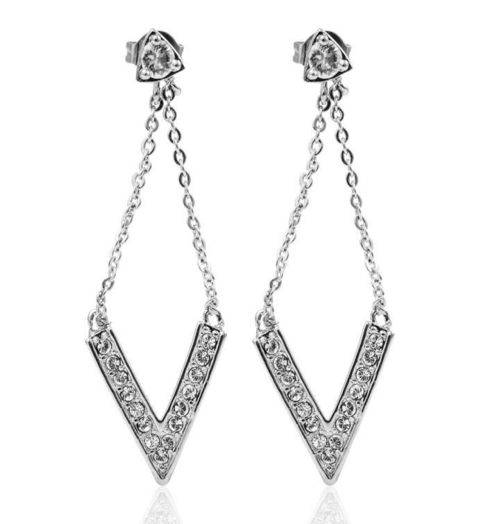 Matashi 18k White Gold Plated Delta V Design Earrings W/ Clear Crystals