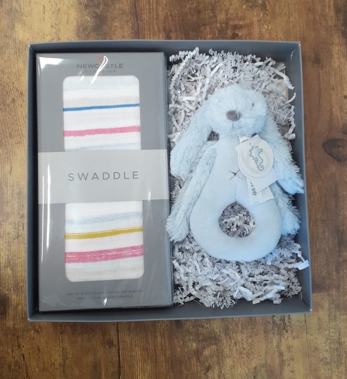 Watercolor Stripe Swaddle And Rabbit Rattle Gift Set