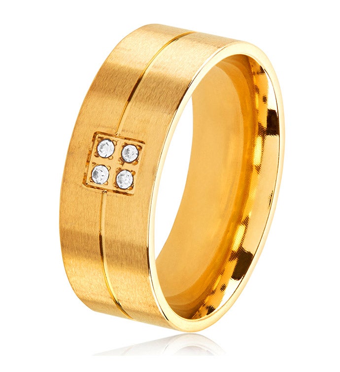 Men's Crystal Satin Finish Gold Plated Stainless Steel Ring