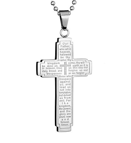 Polished Black Plated Stainless Steel Lord's Prayer Cross Pendant