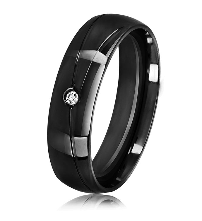Men's Polished Crystal Black Plated Stainless Steel Ring
