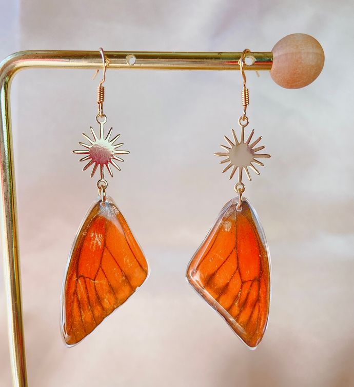 Orange Butterfly Wing In Resin Sun Earrings