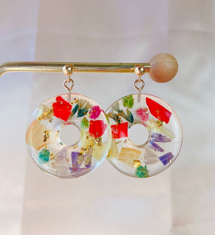 gold plated geometric earrings floral earrings Japanese kimono pattern earrings mismatch dangle earrings printed leather earrings