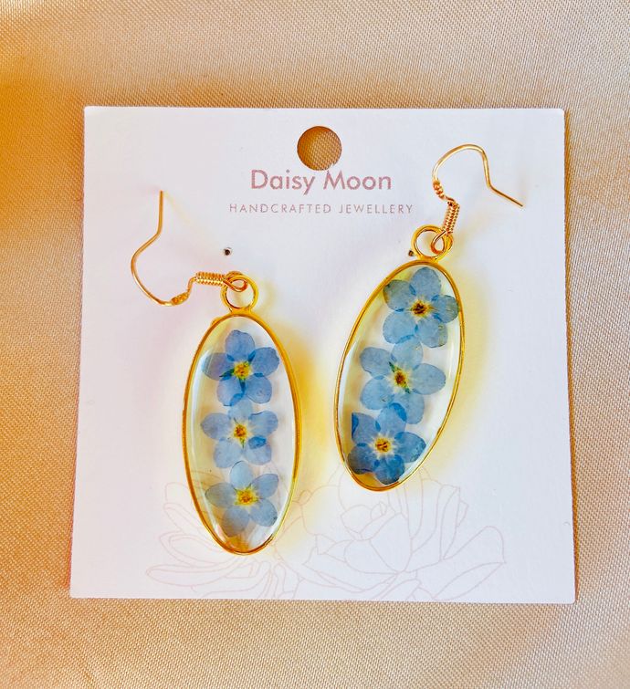 Dried Pressed Forget Me Not Blue Flower Earrings
