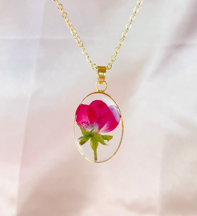 Pressed Rose Flower In Resin Necklace