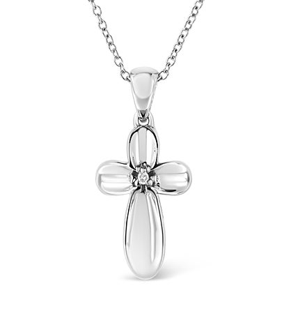 .925 Sterling Silver Prong-set Diamond Accent Floral Cross 18" Pendant Neck
