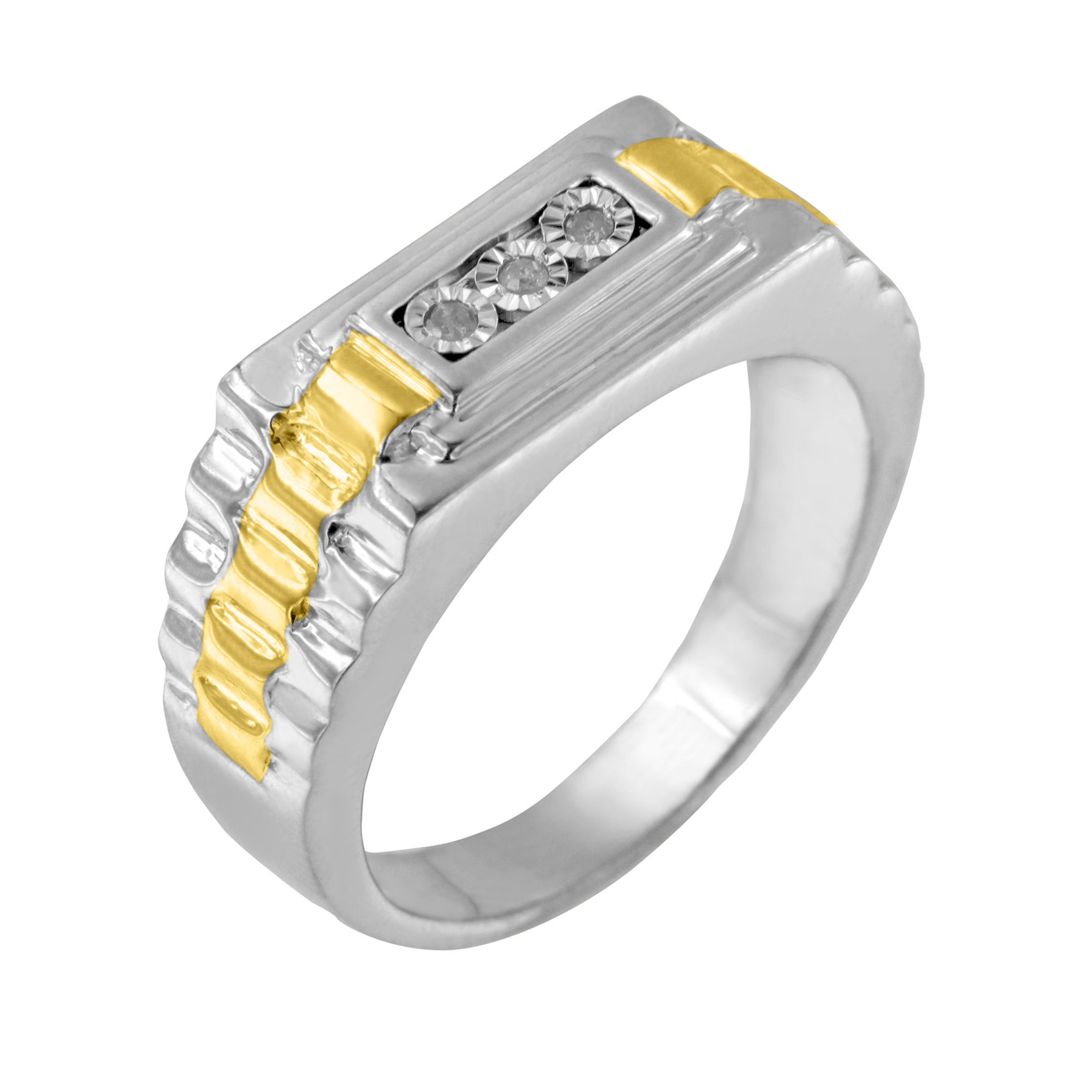 Yellow Gold Over Silver 3 Stone Diamond Men's Ring Band