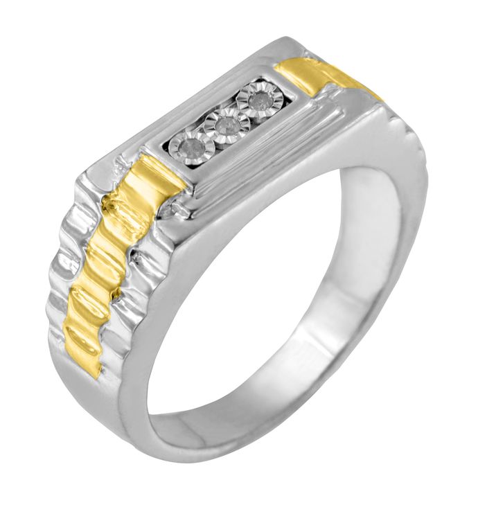 Yellow Gold Over Silver 3 Stone Diamond Men's Ring Band