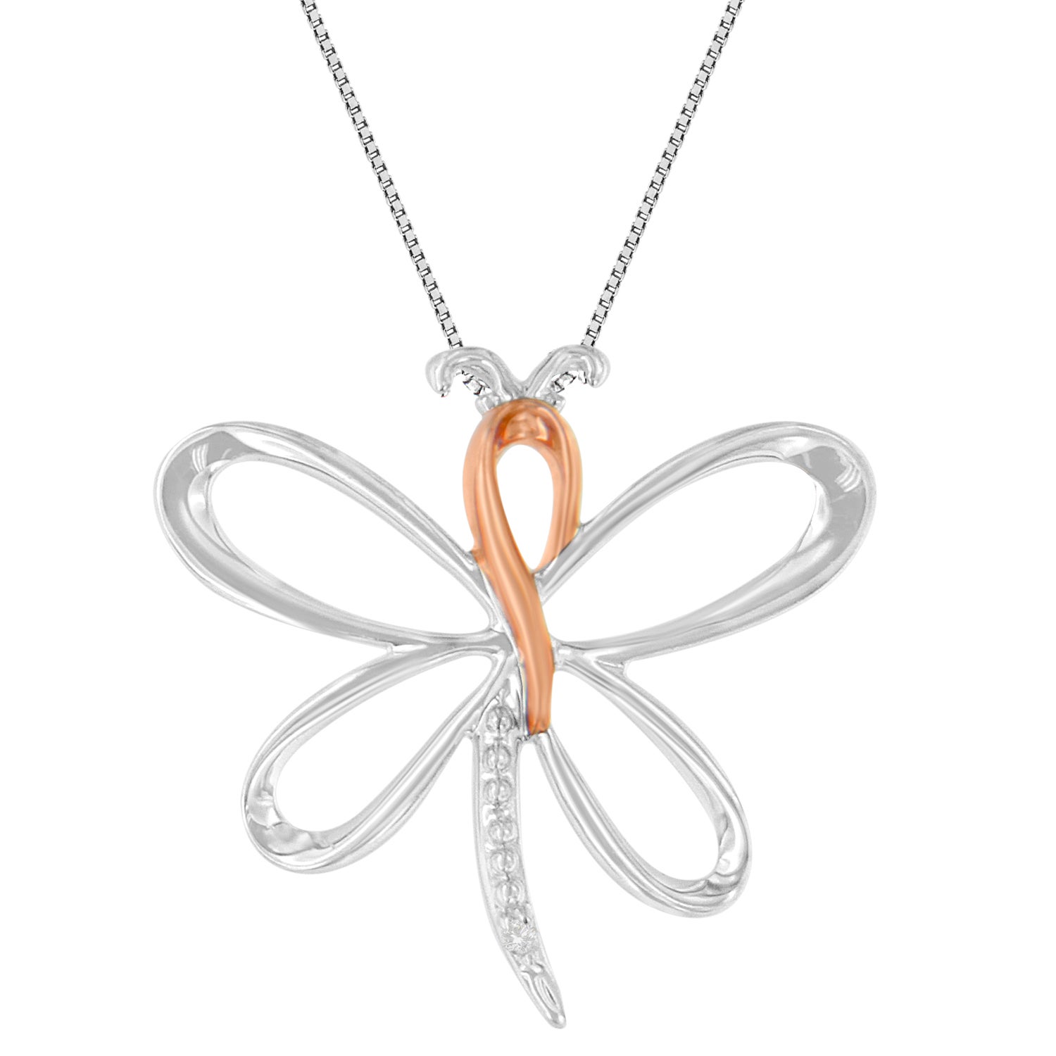 Two-toned Sterling Silver Diamond Dragonfly Pendant Necklace