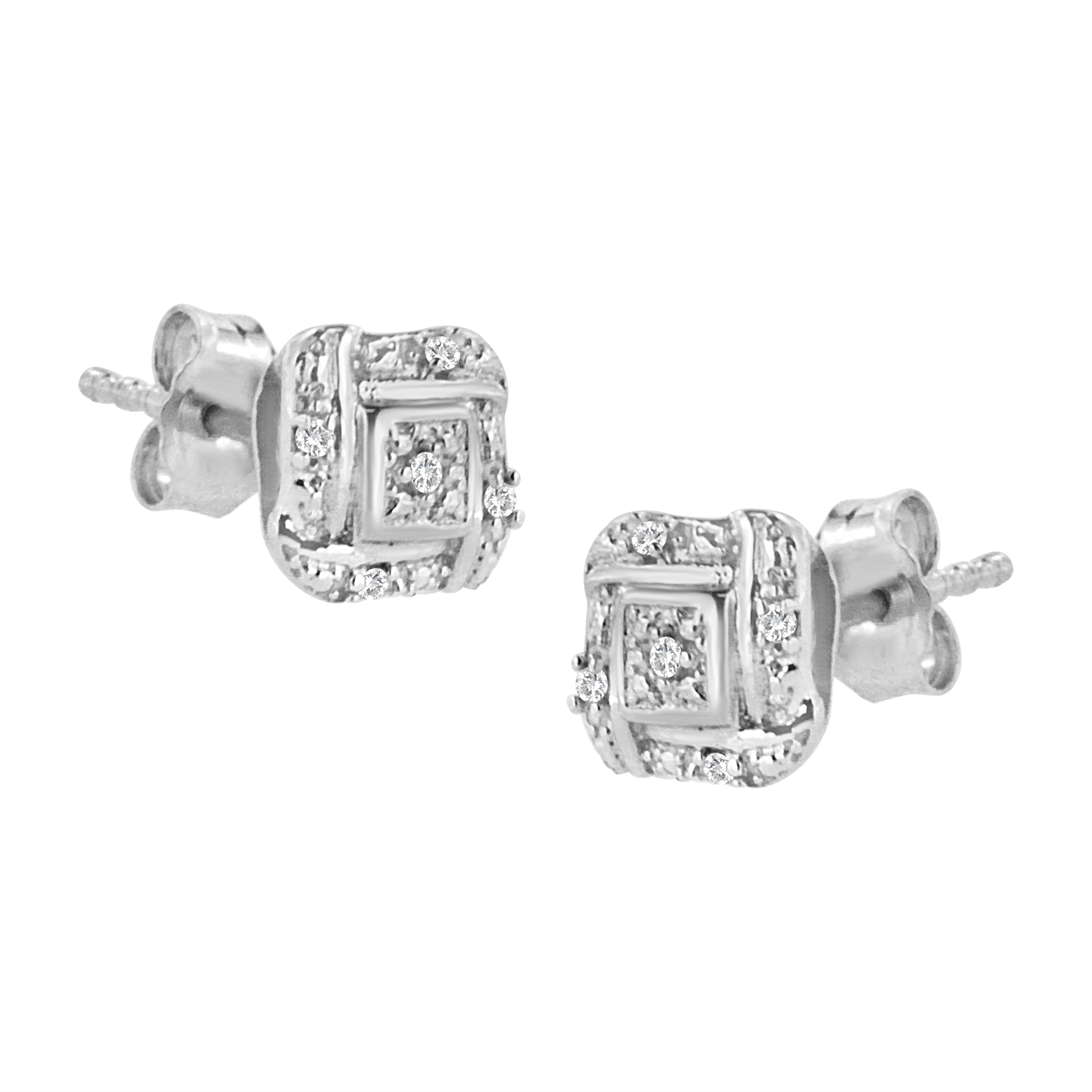 Sterling Silver Round Diamond Swirl Square Knot Stud Earring