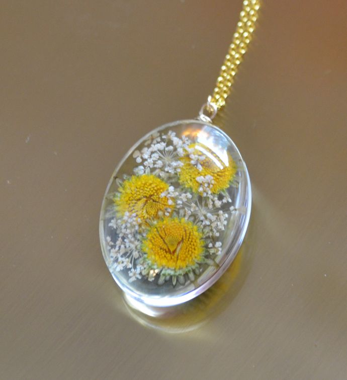 Dried Sunflower In Glass Pendant Necklace