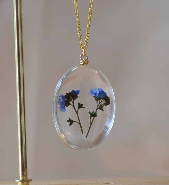 Dried Pressed Blue Flower In Glass Pendant Necklace