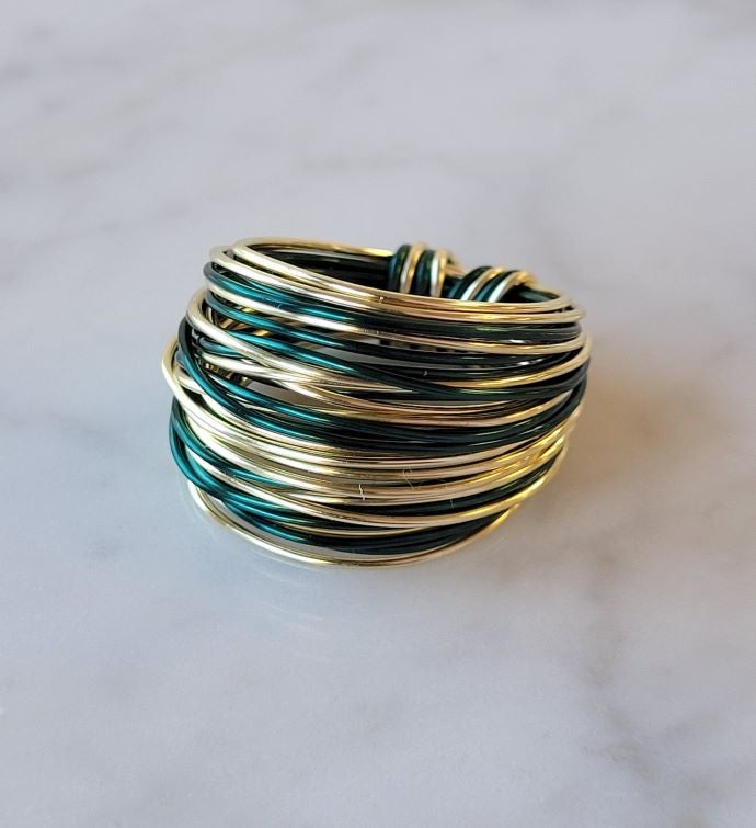 Marcia Wire Wrap Ring in Green & Gold Over Cu