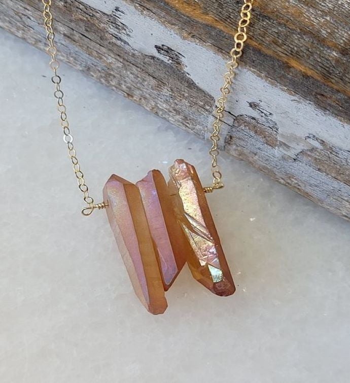 3 Peach Qtz Crystal Pendant Necklace 