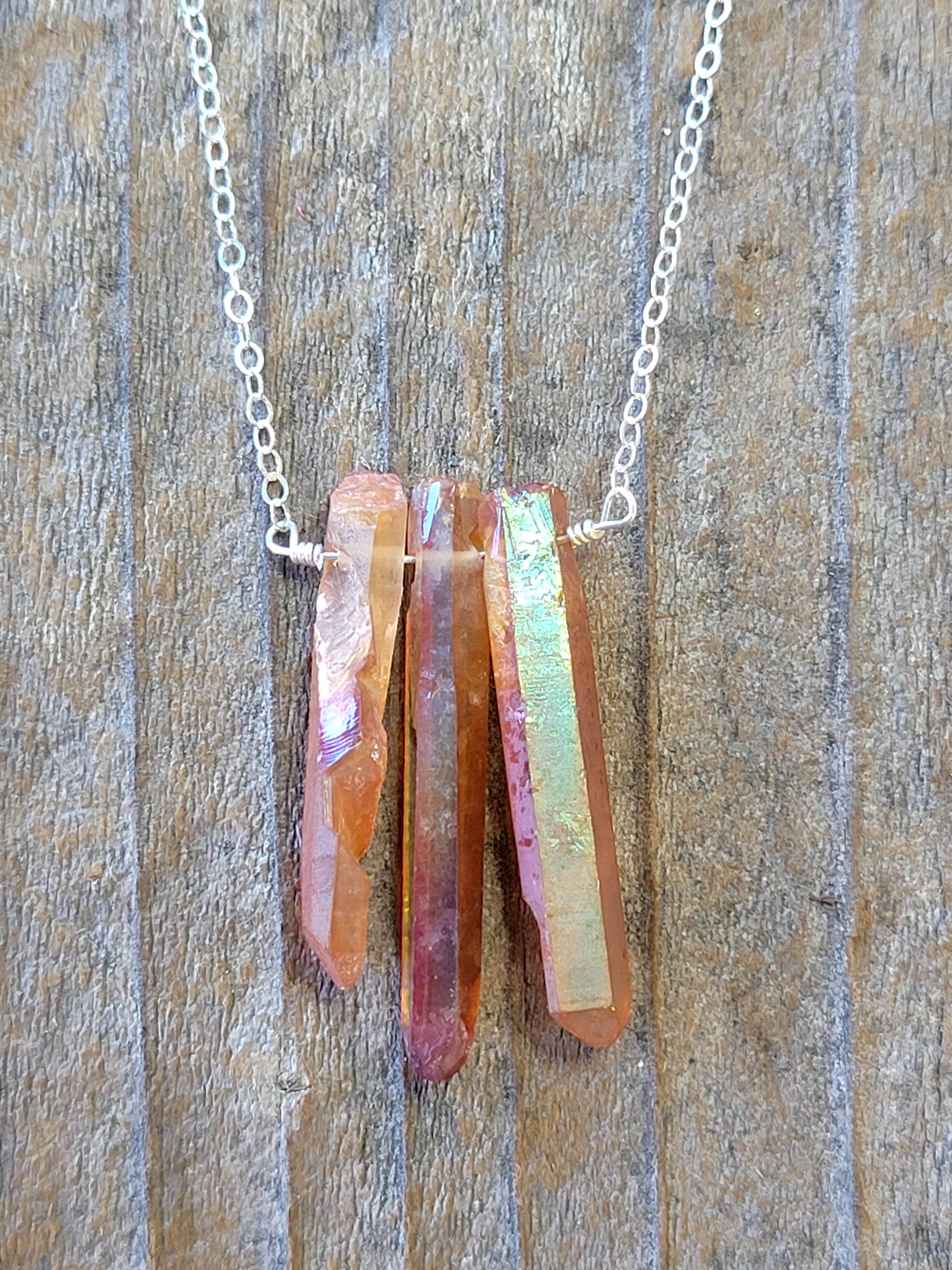 3 Peach Qtz Crystal Pendant Necklace 