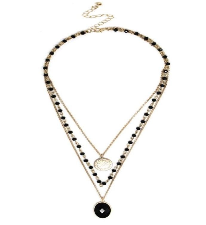 Gold plated & Black Onyx Facet Stone Multi layered Pendant Necklace