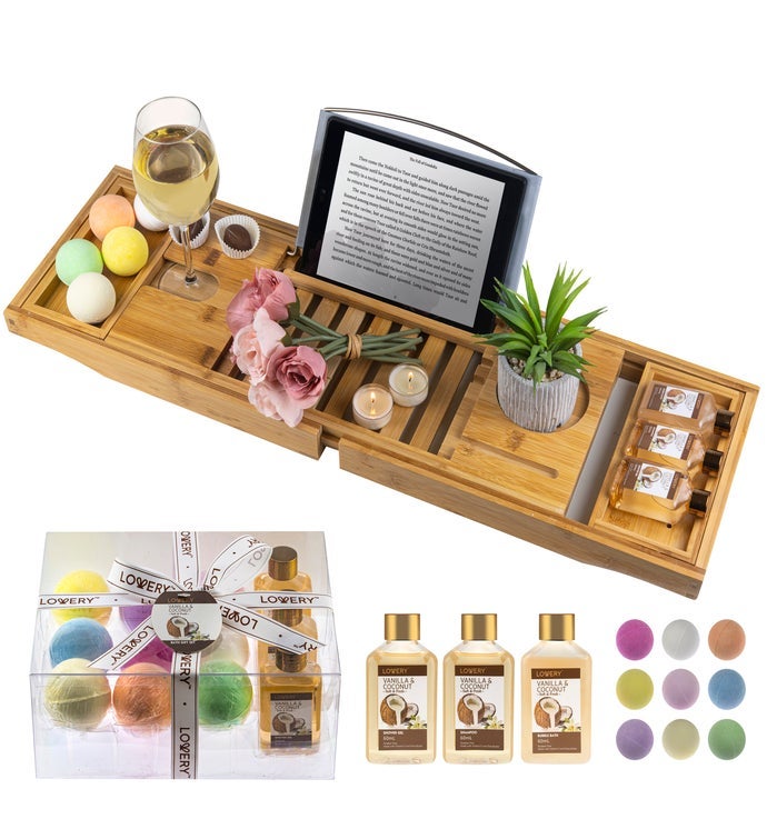 Premium Bamboo Bathtub Caddy Tray Gift With Scented Bath Bombs