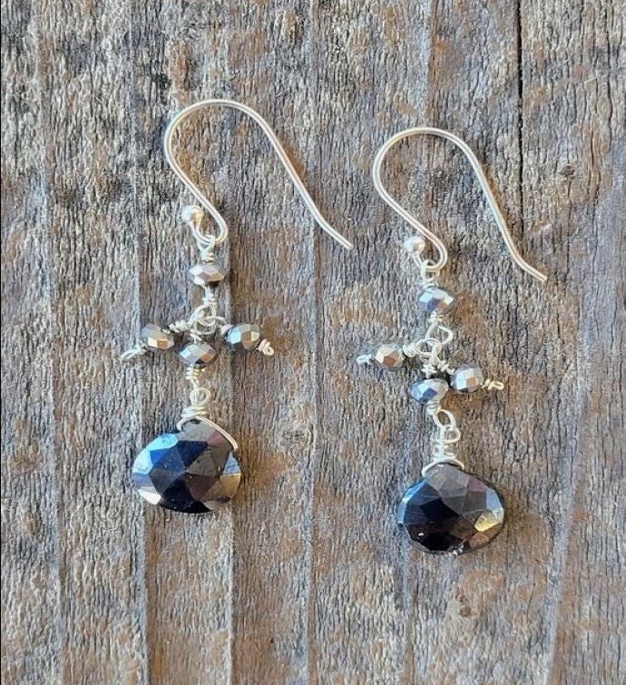 Black Spinel Drop Earrings W/ Pyrite Accent Beads