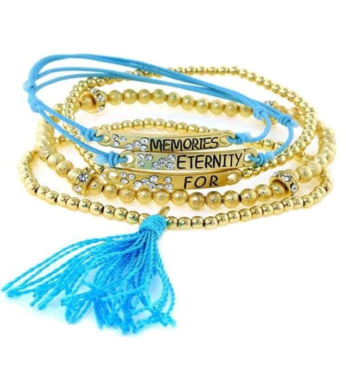 “Memories for Eternity” Bracelet w/ Gold Beads & Blue Tassel – Set of 5