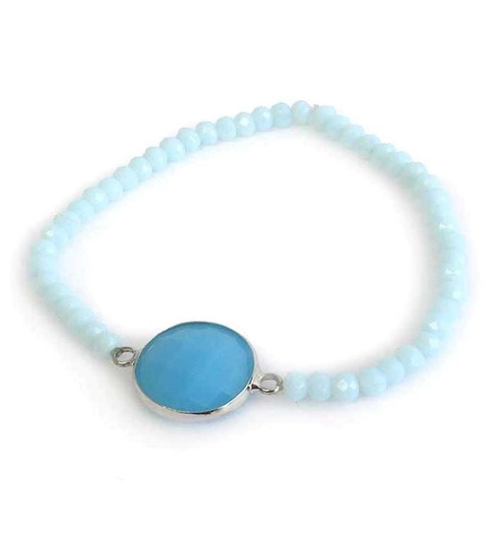 Silver Blue Turquoise Facet Stone Crystal Stretch Bracelet