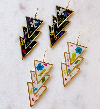 Resin Coated Real Flowers Triangle Earrings 