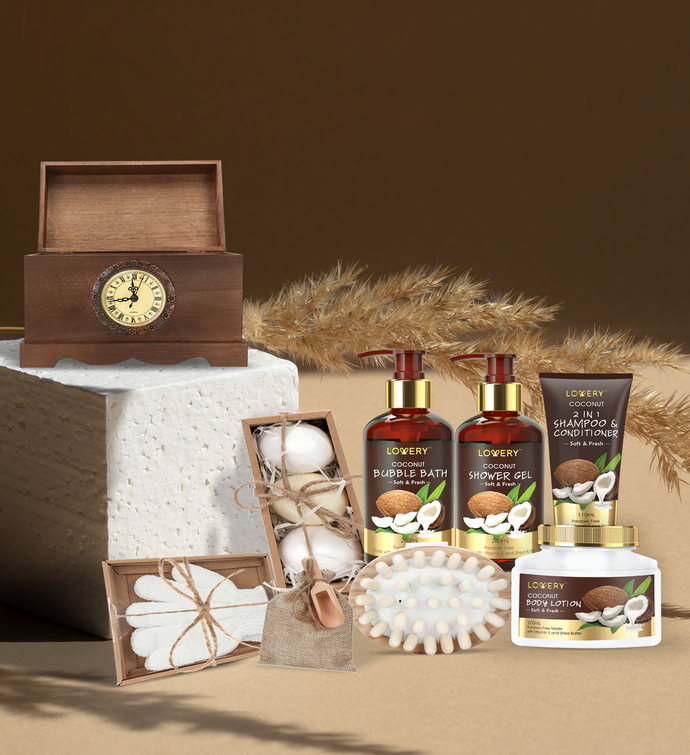 Lovery Luxury Bath Gift Set In Vintage Style Wooden Clock Box – 13 Pc