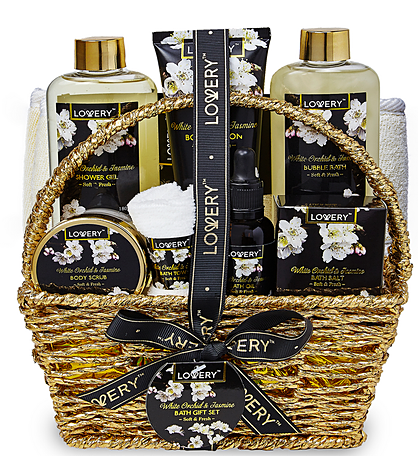 Home Spa Gift Baskets - Bath & Body Gift - Orchid & Jasmine - 9pc