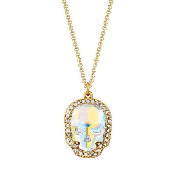Luca + Danni Crystal Pave Skull Necklace In Aurora Borealis