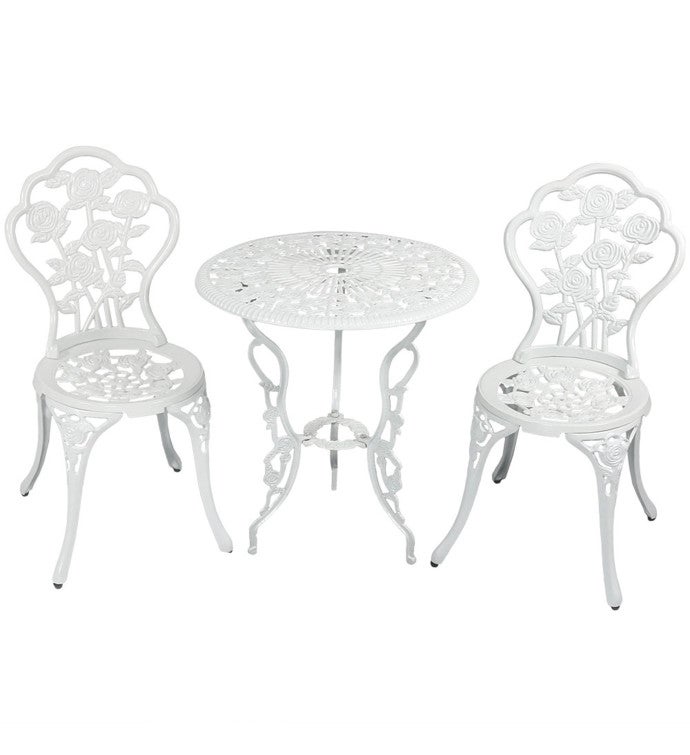 3 piece White Flower Designed Cast Aluminum Patio Furniture Bistro Set